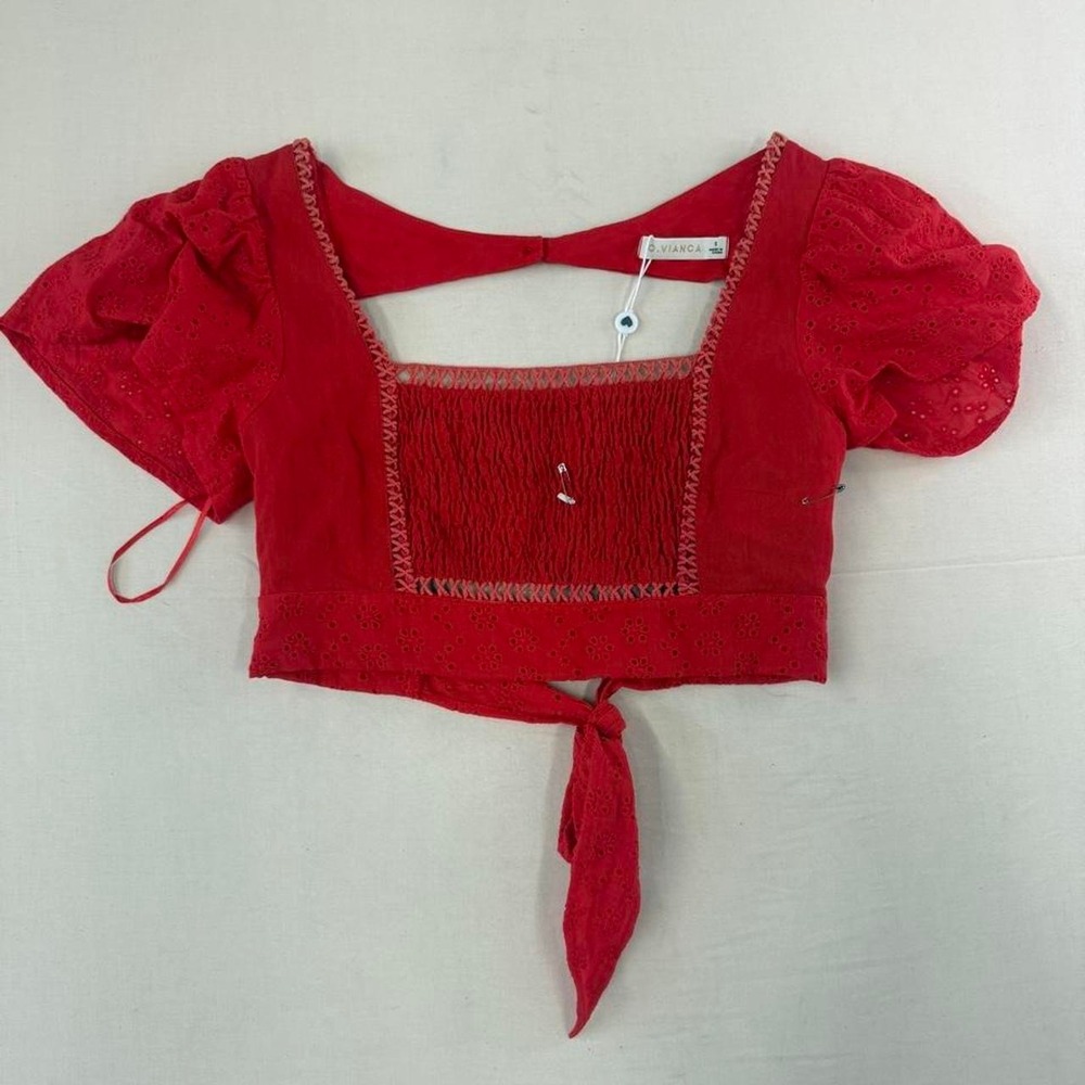 O. Vianca Red Eyelet Smocked Tie-Front Crop Top – Women's Small